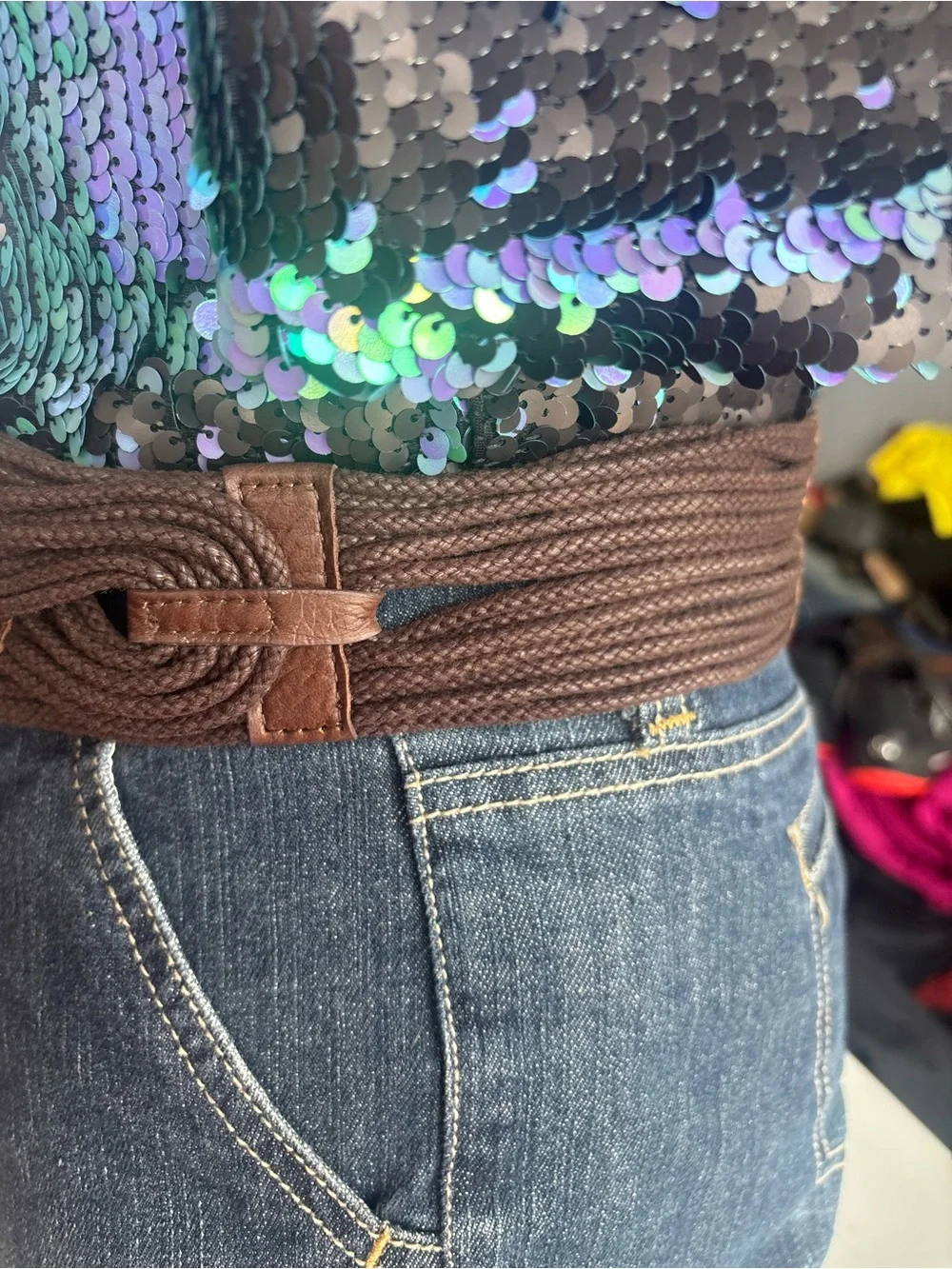 Vintage Y2K Braided Brown Elastic Waist Belt for Women - Stretch Casual Style